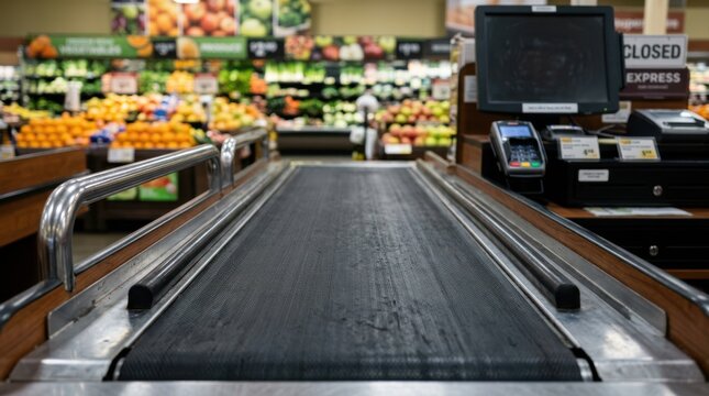 Empty grocery store checkout lane with a conveyor belt and a closed register, fresh produce visible in the background.