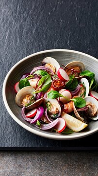 Clam salad with radish red onion and lemon in ceramic bowl on dark slate