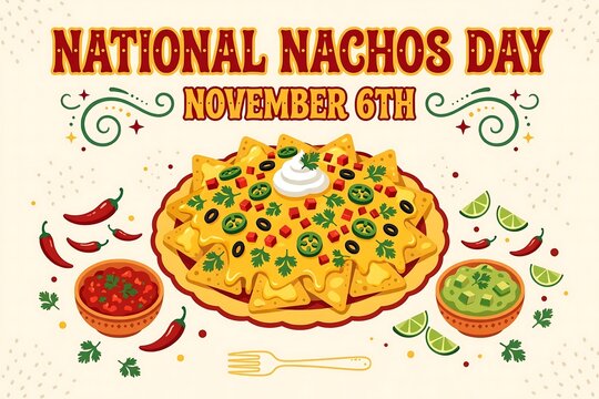 National nachos day celebration poster with a plate of cheesy nachos, salsa, guacamole, and chili peppers