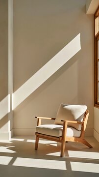 Sunlit wooden armchair in minimalist interior corner with diagonal light beam