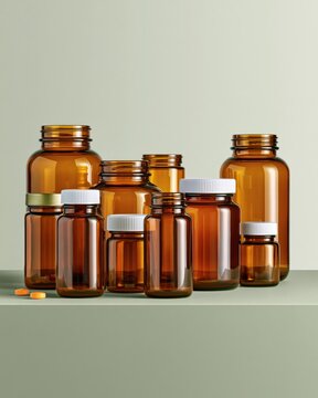 Amber glass bottles for vitamin supplements arranged on neutral surface with orange pills