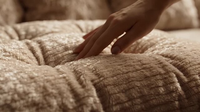 Hand presses into plush textured cushion