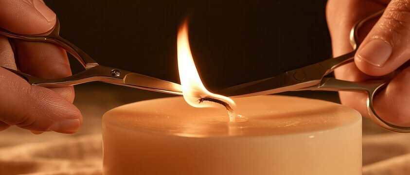 Hand trimming candle wick with scissors near flame
