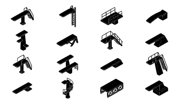 Isometric diving board icon set featuring swimming pool jump platforms springboards stairs and tower structures