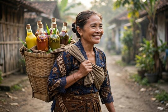 Indonesian jamu gendong herbal medicine seller woman carrying bottles in bamboo basket