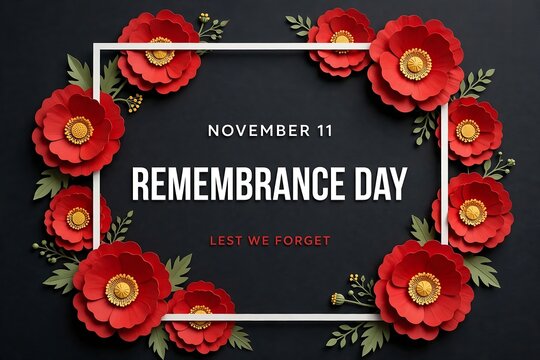 Remembrance day november 11 poster with red paper poppies and lest we forget text on a black background