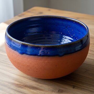 Large traditional ceramic bowl with dark blue glaze on rustic wooden surface
