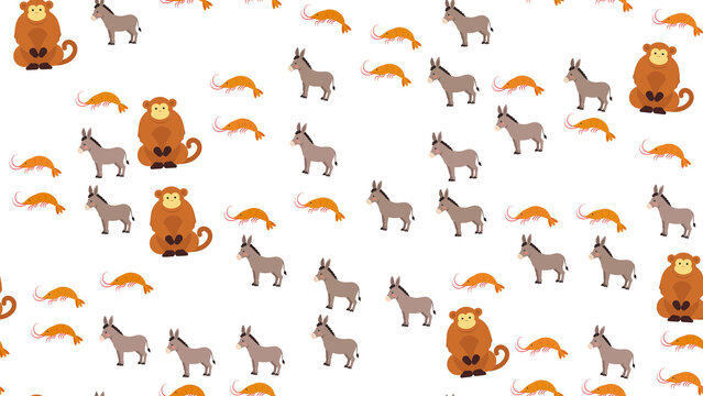 Cartoon monkeys, donkeys, and shrimp pattern