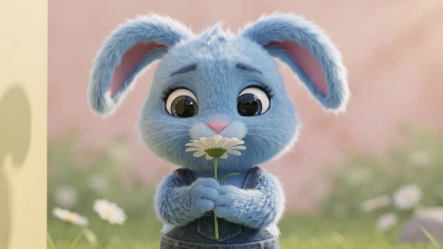 Cute fluffy blue bunny in denim overalls peeking from behind wall holding white daisy in meadow 3D animation