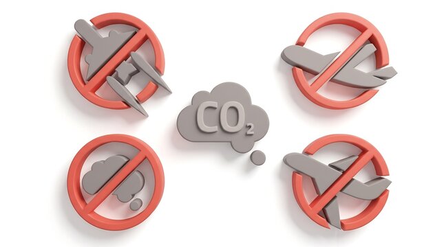 Prohibitory red signs over airplanes and carbon dioxide cloud icons representing flight shame and environmental impact of aviation on white background