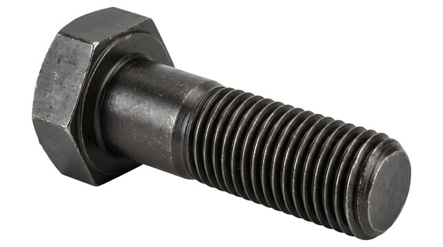 Black metal hex bolt with hexagonal head and threaded shaft for fastening, heavy-duty machine screw for mechanical repair and industrial assembly, isolated transparent background cutout PNG element
