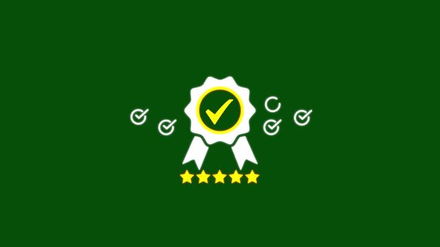 Assurance badge animation with five stars and checkmarks on green background, seal approval certification
