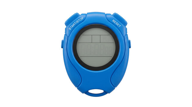 Blue digital stopwatch with start and stop buttons and LCD screen, electronic timing tool for sports and athletic training, isolated transparent background cutout PNG graphic element design