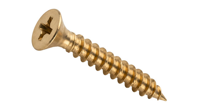 Golden brass wood screw with Phillips head and sharp thread for secure fastening, threaded metal fastener for carpentry work and furniture assembly, isolated transparent background cutout PNG element