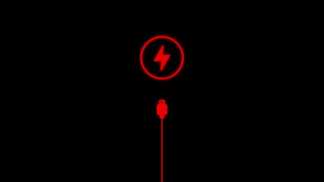 Minimalist red neon charging animation on black background, for tech interface, battery glowing