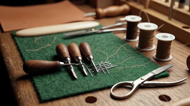 Leather craft tools arranged for stitching on felt