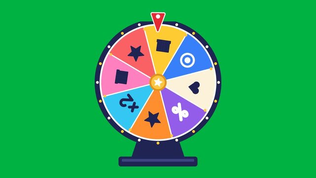 Colorful prize wheel with gift, star, coin and heart icons spins fast, slows down and stops on a gift prize under a red pointer on a green screen