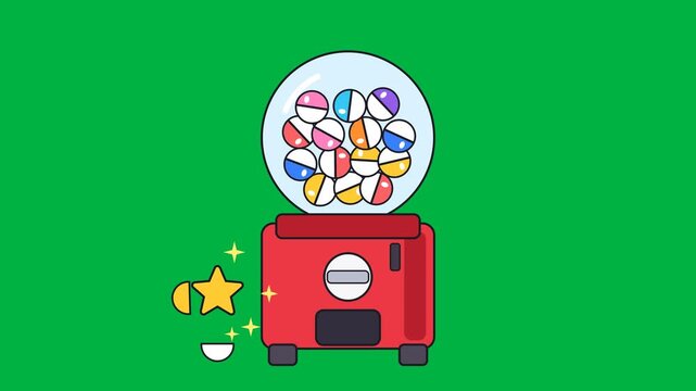 Cartoon capsule toy machine full of colorful capsules turns its knob, drops a capsule that rolls out and pops open with a yellow star prize on a green screen
