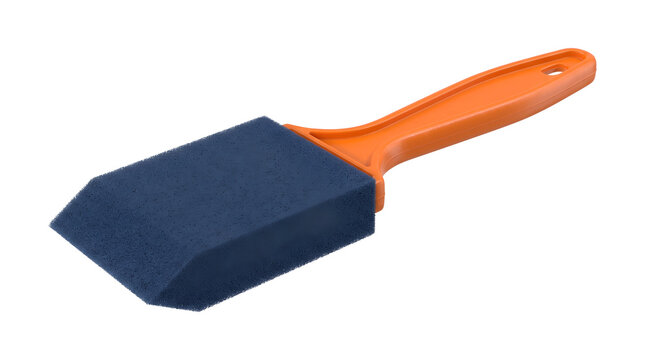 Orange plastic handle foam paint brush with dark blue sponge head for staining and varnishing, angled applicator tool for arts and crafts and home painting, isolated transparent cutout PNG