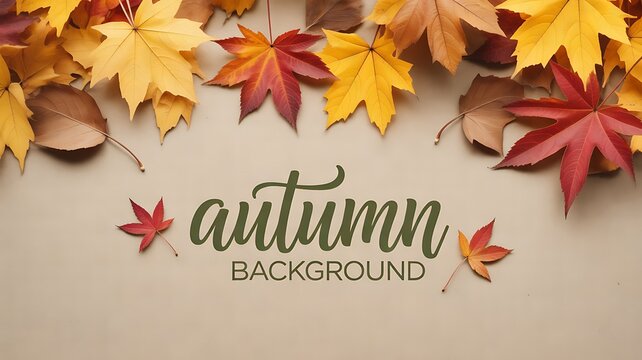 Autumn background typography text with colorful maple leaves bordering a beige surface
