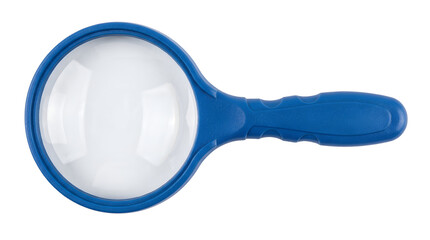 Blue magnifying glass tool with clear optical lens for reading text, handheld magnifier instrument for science study and research, isolated transparent background cutout PNG element © AK isolated assets