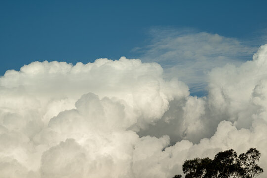 Towering, sunlit cumulus clouds moving across a blue sky, their sculptural formations revealing intricate layers of light, shadow and atmospheric depth, Victoria, Australia