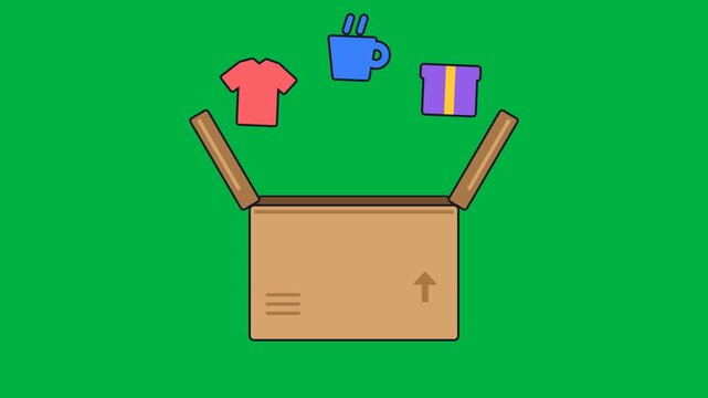 Cardboard delivery box shakes, flaps pop open and a t-shirt, a blue mug and a purple gift jump out and float with sparkles, cartoon unboxing on a green screen