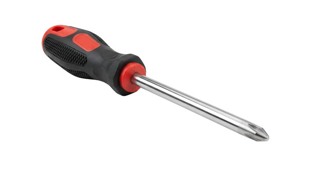 Red and black Phillips screwdriver tool with cross head for driving screws, steel shaft hand tool for mechanical repair and assembly work, isolated transparent background cutout PNG element