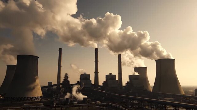 Smoke and steam billow from thermal power plant cooling towers and tall chimneys at sunset