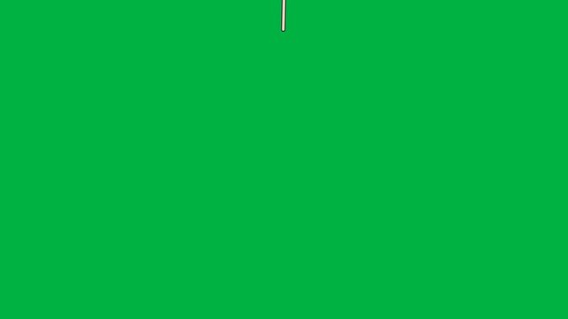 Colorful striped star pinata hangs on a rope, gets hit twice by a wooden stick and bursts on the third hit, spilling wrapped candies and lollipops on a green screen