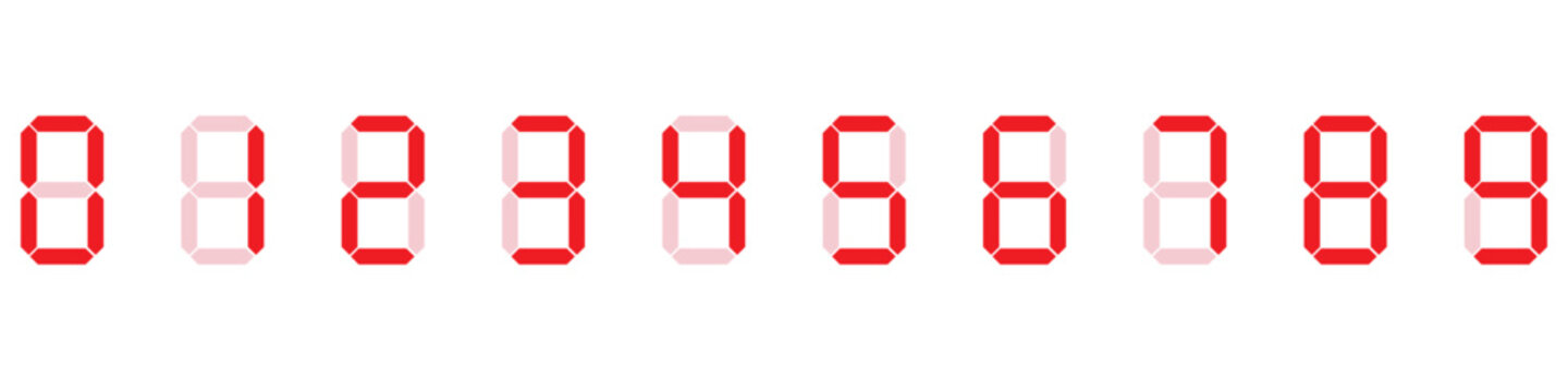 Digital numbers set. Red LED Digital Numbers 0 to 9 Seven Segment Display Vector Illustration. 