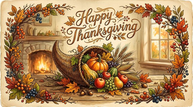 Vintage style happy thanksgiving greeting card with a cornucopia filled with autumn harvest vegetables and a fireplace