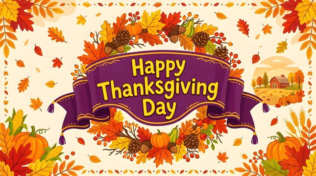 Happy thanksgiving day greeting card design with a festive wreath of autumn leaves and orange pumpkins