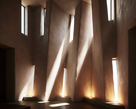 Photorealistic rendering of brutalist architecture where angled plaster walls are illuminated by narrow windows, creating a meditative mood for spiritual wellness concepts.