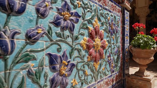 Ornate ceramic tiles decorate courtyard wall with floral patterns