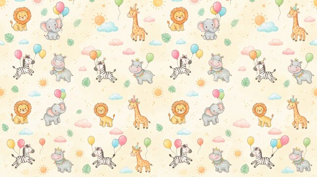 Adorable seamless watercolor pattern featuring baby safari animals like lion, giraffe, elephant, zebra, and hippo with party hats and colorful balloons on a soft yellow background for nursery decor.