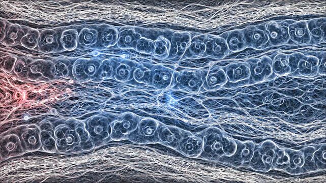 Cortisol production within healthy adrenal cortex tissue, subtle warm red luminescence initially symbolizing active stress signaling, gradually becoming softer and more balanced with cool blue 