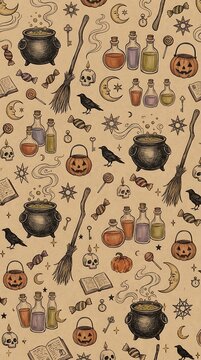 Hand drawn vintage Halloween seamless pattern featuring witch cauldron, broom, potion bottles, skull, pumpkin, and magic elements on beige background.