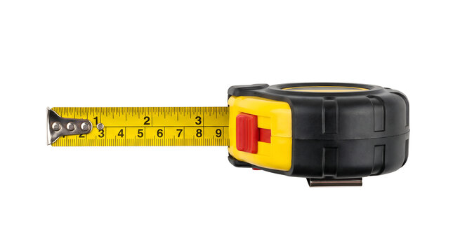 Yellow and black tape measure tool with extended scale for length, flexible steel ruler for construction and carpentry work, isolated transparent background cutout PNG element design