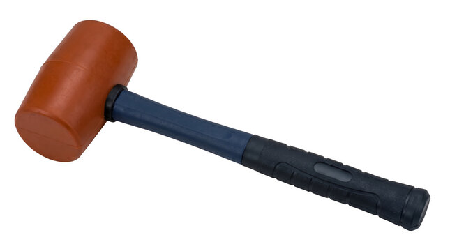 Orange rubber mallet hammer tool with non-slip handle for tiling and construction, soft head mallet for woodworking and paving work, isolated transparent background cutout PNG element design