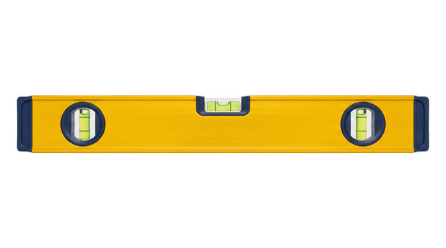 Yellow spirit level tool with bubble vial for construction alignment, measuring ruler bar for carpentry and engineering work, isolated transparent background cutout PNG element design