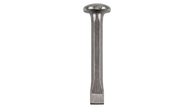 Steel cold chisel tool with mushroom head for masonry and metal cutting, heavy duty steel punch for stone demolition and construction work, isolated transparent background cutout PNG element