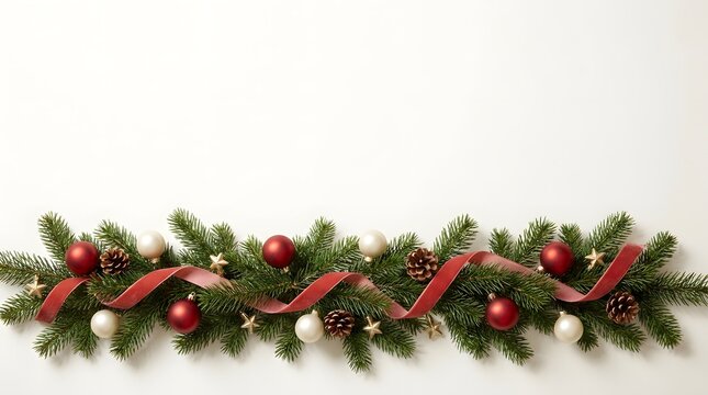 Christmas garland border made of fir tree branches, red and white baubles, pine cones, and red ribbon on a white background.