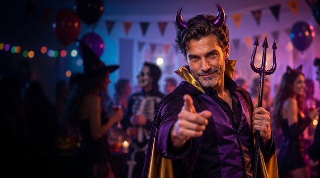 Man in devil costume with trident at a Halloween party celebration with guests in costumes