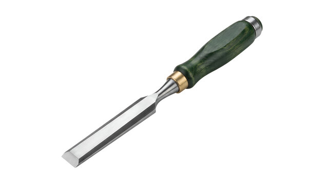 Steel wood chisel tool with green handle for woodworking and carving, sharp bevel edge gouge for timber carpentry and joinery, isolated transparent background cutout PNG element design