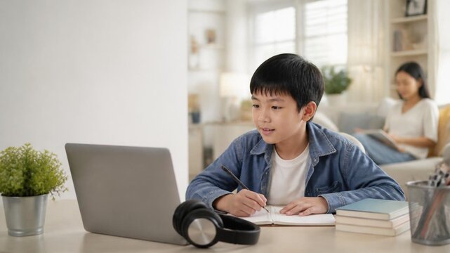 Asian Child Learning a Language Online at Home with Laptop