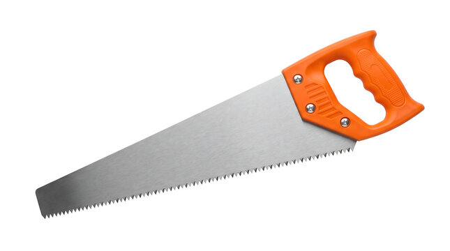 Hand saw tool with orange plastic handle for woodworking and carpentry, steel blade handsaw for cutting wood timber, isolated transparent background cutout PNG element graphic design