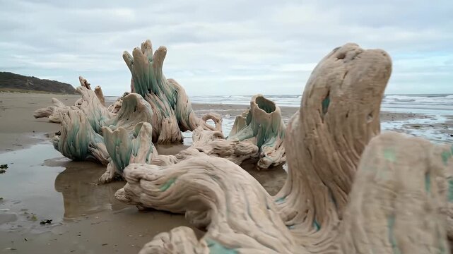 Weathered driftwood sculpture on a sandy beach with ocean background