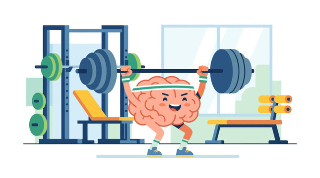 Cartoon brain lifts a loaded barbell overhead inside a modern fitness facility.