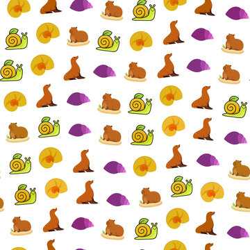 Seamless pattern of capybaras, snails, seals, and seashells
